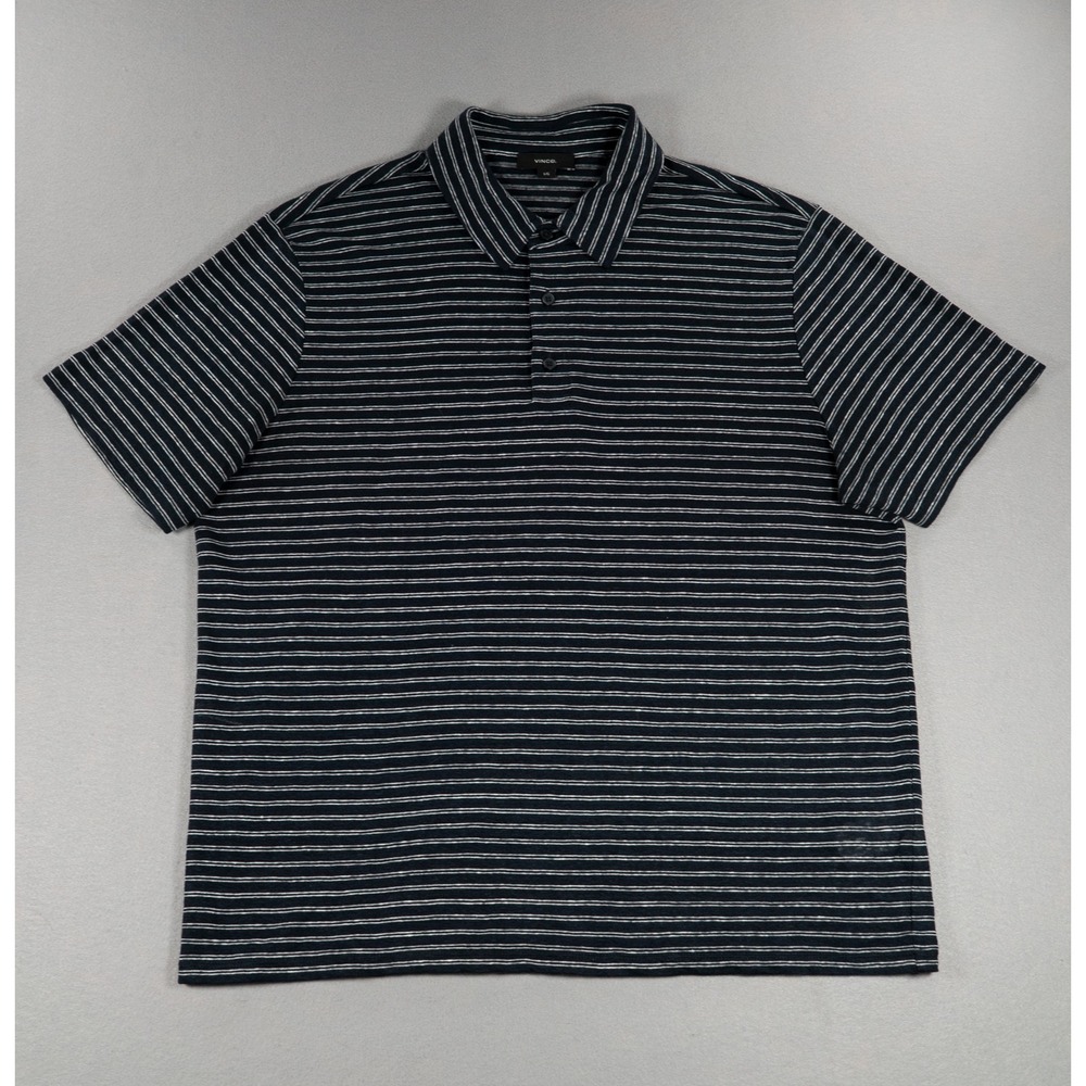 Vince Mens Navy Blue White Striped 100% Linen Short Sleeve Polo Shirt Large